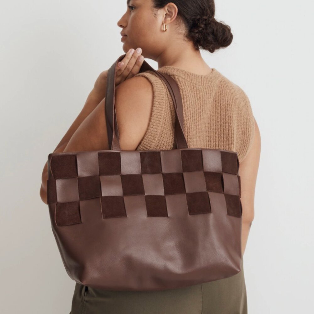 Madewell Basketweave Tote in Leather and Suede Chocolate Brown